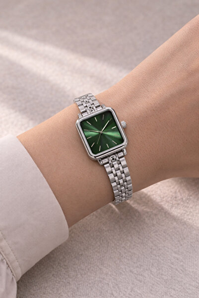 matheon Women's Silver Square Case Green Dial Metal Band Watch – Minimal Chic...