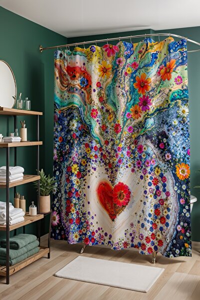 EVPANYA Perdeau de baie, perdea de duș cu model inimă de flori suprarealistă,...