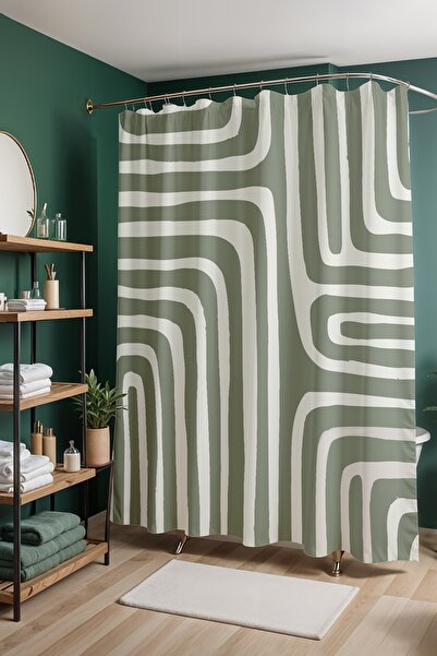 EVPANYA Banyo Perdesi, Bohem Pudra Yeşil Çizgiler Desenli Duş Perdesi, Küvet ...