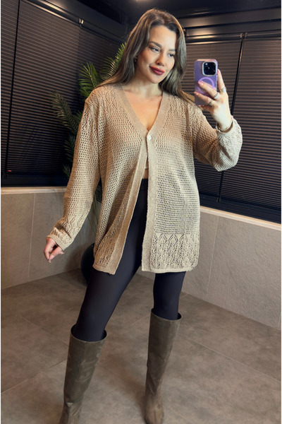 MİR STORE Camel Mevsimlik Tek Düğmeli Delikli İnce Triko Hırka