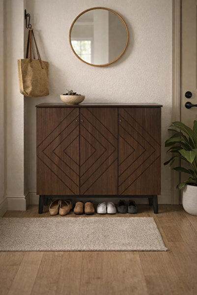 MARIA HOMES خزانة أحذية بنية أنيقة ذات تصميم هندسي، توفر مساحة تخزين واسعة لت...