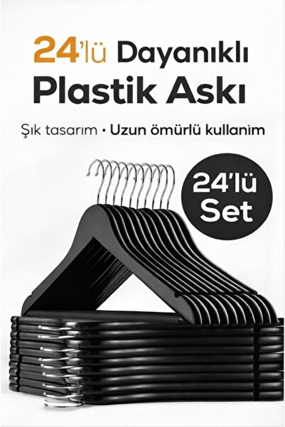 KASTAMONU PLASTİK 5 Adet Ahşap Görünümlü Plastik A Kalite 5 Adet Siyah Askı P...
