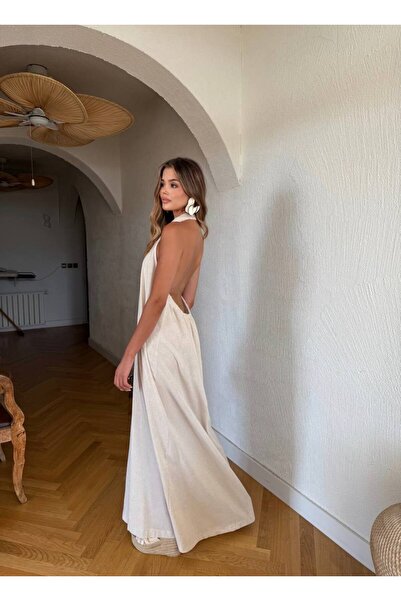 Foola Moda Bohem Bej Uzun Gömlek Elbise Kolsuz Düğmeli Salaş Yazlık Maxi Elbise