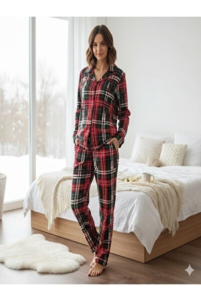 BOYRAZ Plus Size Women's Green-Red Long Sleeve Front Buttoned B Piped Pajama Set