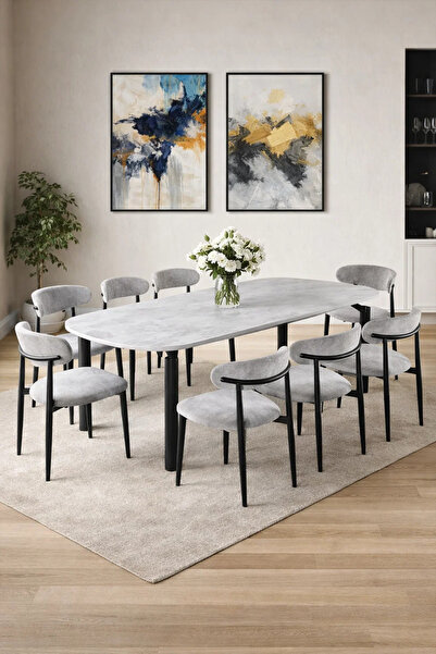 MARIA HOMES Luxury 8 Person Dining Set Faux Marble Top Table Grey Fabric Chai...