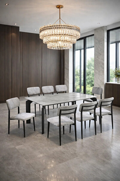 MARIA HOMES طقم طاولة طعام عصري مكون من 9 قطع مع 8 كراسي مُنجّدة، سطح بنقشة ر...