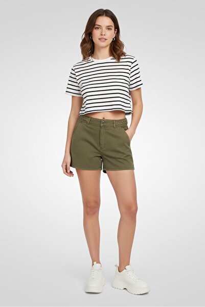 PROMOD Women Solid Denim Shorts, Olive