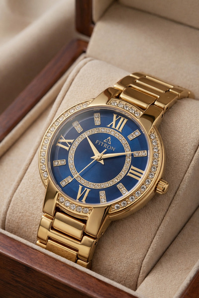 FITRON A gold women's watch with a blue, studded dial – striking luxury with ...