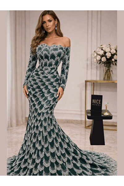 TREN Premium Long White Evening Gown Featuring Full Pearl Embroidery And Smoo...