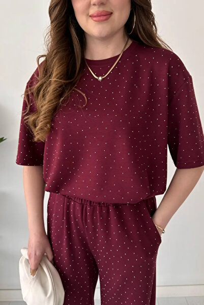 Perry Boutique Women's Burgundy Stone Detailed Top and Bottom Two-Piece Set