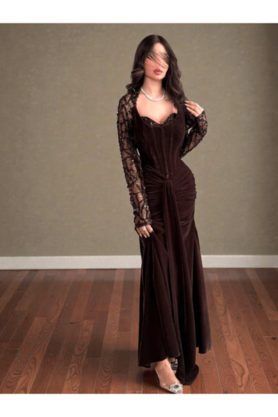 Nice Model Elegant Brown Velvet Evening Dress With Sequin Embroidery And Inte...