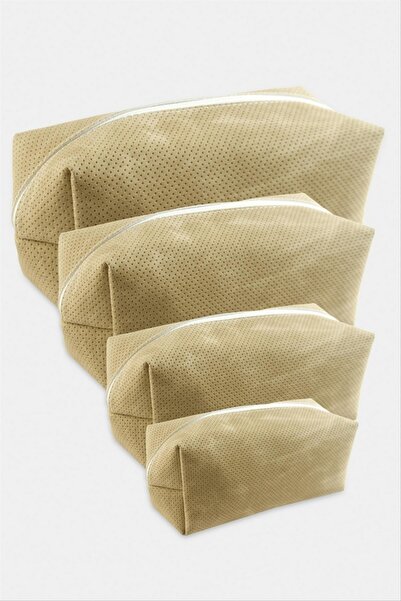 ZERO LAND حقيبة مكياج STOROZAL مكونة من 4 قطع مع حامل يدوي - (63855) بني حليبي