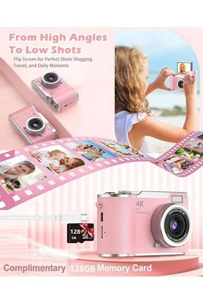 Makrystorm 128GB SD Card Included 4K CCD Digital Zoom Student Camera,48MP Portable 180° Flip Screen Compact Digital Camera for Beginners Teens