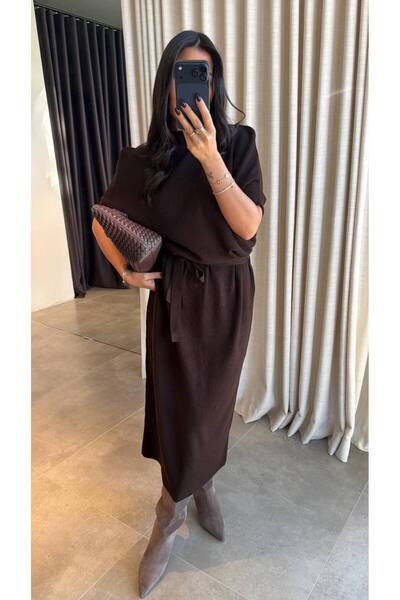 Perry Boutique Women's Bitter Brown Belted Knitwear Midi Dress