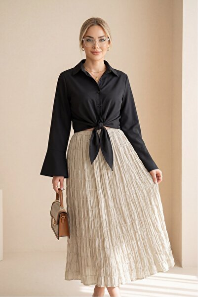 Modamorfo Tie-Waist Spanish Sleeve Poplin Shirt Blouse -Black