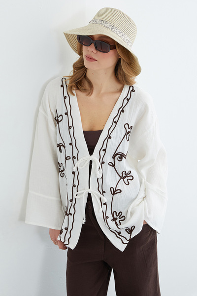 Fulla Moda Embroidered Front Lace-Up Linen Look Kimono