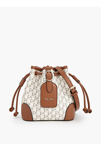 Paprika Monogram Print Bucket Bag with Drawstring Closure
