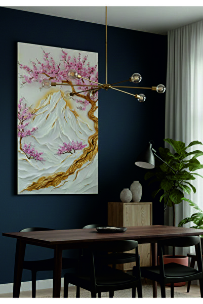 LucitART Kanvas Tablo 70x120 - Japon Dağı ve Pembe Çiçekli Rölyef Efektli Tab...