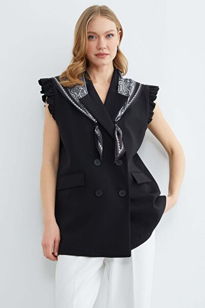 Fulla Moda Fular Detaylı Omuz Fırfırlı Blazer Yelek