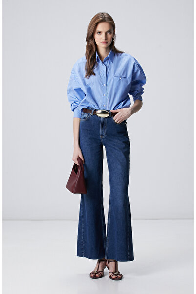 Network İndigo Geniş Paça Detaylı Denim Pantolon