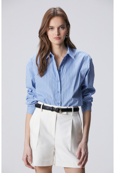 Network Mavi Beyaz Geniş Çizgili Cotton Gömlek