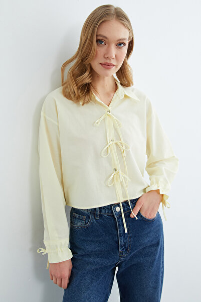 Fulla Moda Buttoned Crop Shirt with Tie Front