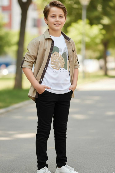 Trend Mix Kids Erkek Çoçuk Sıfır Yaka Baskılı Bluz Katlanabilir Kol Gömlek Üs...