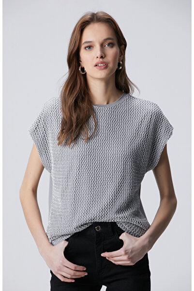 Network Gri Ön Yüz Full Metal İp Zincir Örgü T-shirt