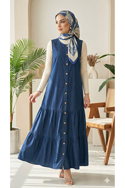 VENT GİYİM Kadın Bayramlık Kot Jile Elbise Uzun Boydan Düğmeli Denim Jile 36-...