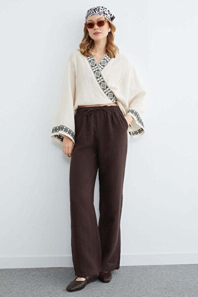 Fulla Moda Beli Lastikli Cepli Müslin Kumaş Pantolon