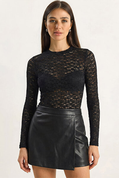 Bianco Lucci Women's Long Sleeve Half Turtleneck Transparent Tulle Lace Bodys...