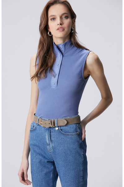 Network Mavi Dokuma Garni Detaylı Modal Mix T-shirt