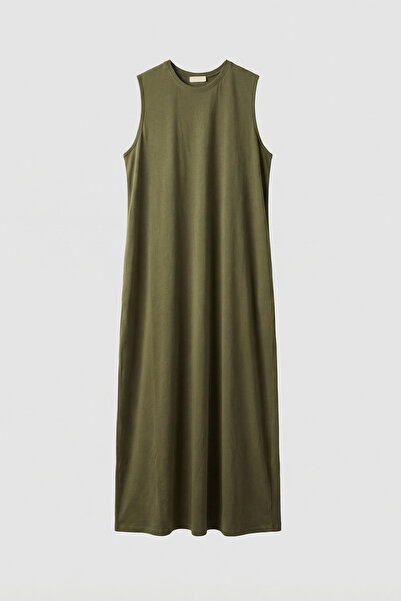 ALLDAY Khaki-Plus Size Cotton Crew Neck Sleeveless Lycra Underwear Dress