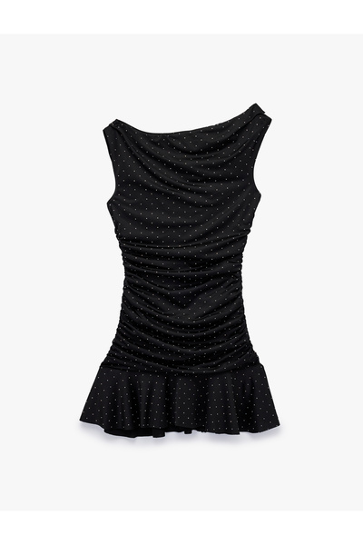 Koton Kayık Yaka Kolsuz Bodycon Drapeli Taşlı Mini Abiye Elbise