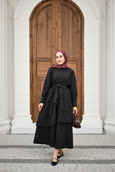 LOCCO Women's Skirt with Flounces, Tie at the Waist, Shirt Collar, Half Butto...