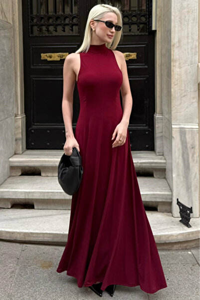 Madmext Burgundy Turtleneck Maxi Length Flowy Stylish Women's Dress Mg2664
