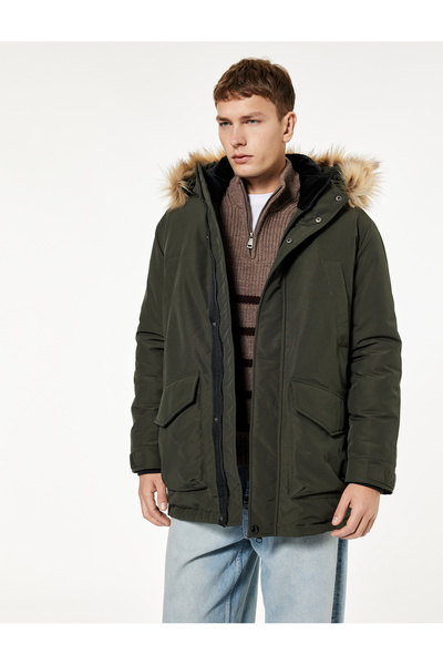 Koton Long Sleeve Faux Fur Hooded Parka with Flap Pockets