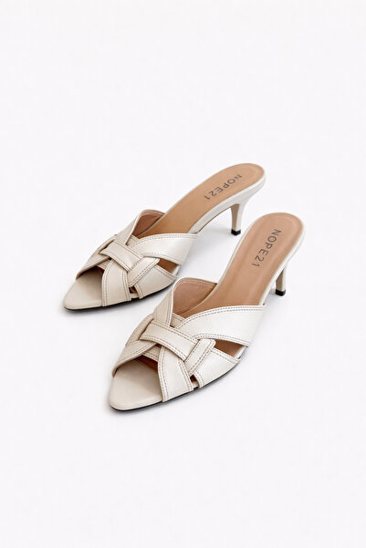 nope21shoess Alpha Beige Genuine Leather Heeled Slippers