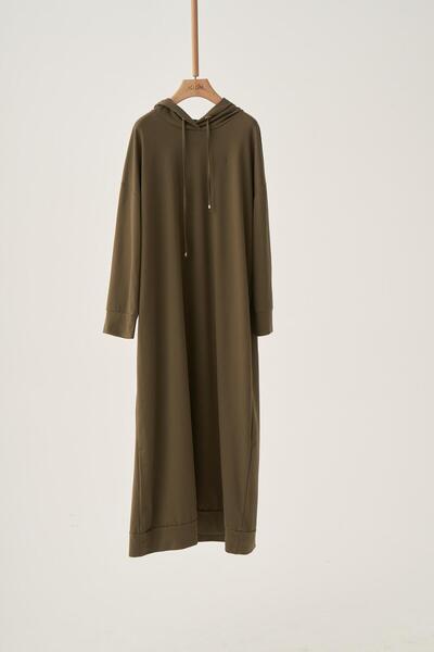 ALLDAY Haki01-Plus Size Hooded Lycra Basic Dress