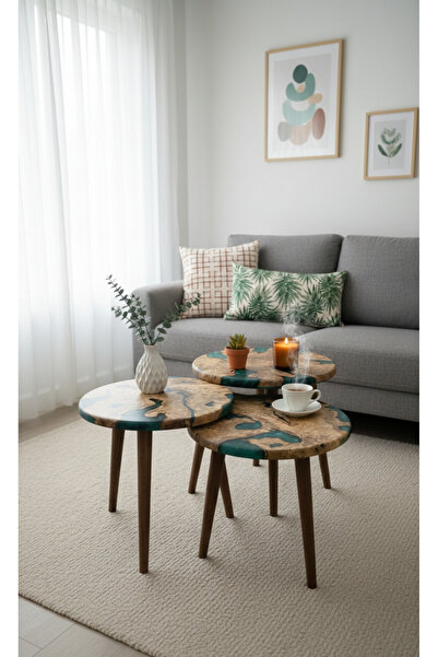 GökçesanSehpa Ahşap & Epoksi 3'lü Zigon Sehpa | Doğal Ahşap | Masif, Uzun Ömü...