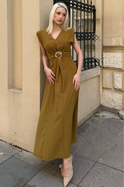 Madmext Green V-Neck Buckle Slit Women's Maxi Dress Mg2713