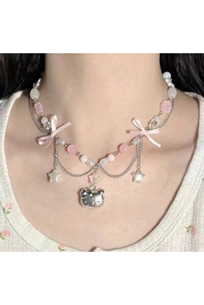 La Saade Y2k Sweet Hello Kitty Charm Kolye – Fiyonk & Yıldız Detaylı, Tasarım...