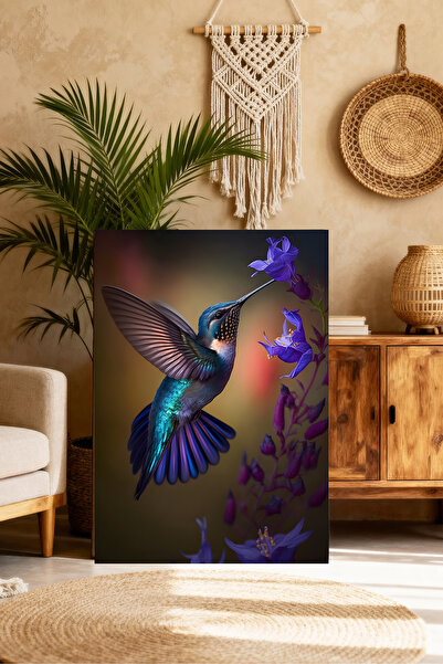 Mushen Studio Pictură portret cu pasăre albastră - Artă murală cu colibri car...