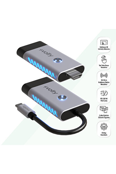Volty Type-C to HDMI Kablosuz Görüntü Aktarıcı 50m | 4K, 100W PD Hızlı Şarj, ...