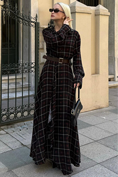 Madmext Black Plaid Patterned Belted Long Women's Dress Mg2716