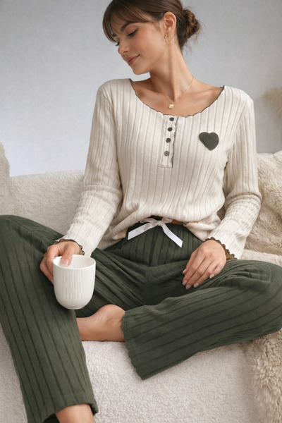 FAMESTEKSTİL Embroidered Green Cotton Heart Detailed Pajamas Set