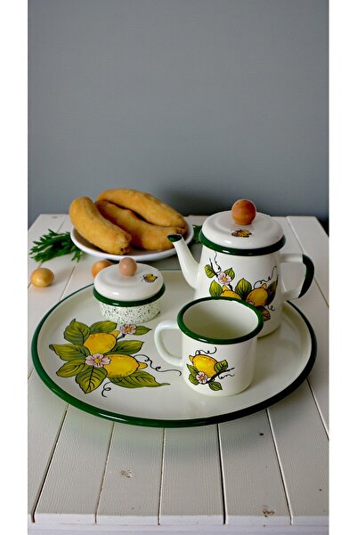 İnci Emaye طقم شاي مطلي بالمينا مكون من 4 قطع، إبريق شاي، صينية تقديم، صينية ...