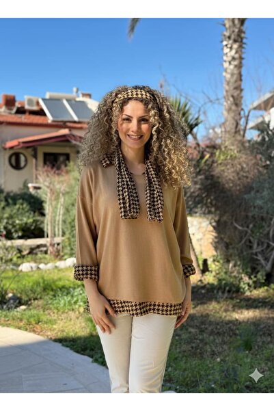 Punta Otantik Nc23086 Italian Scarf Shirt Knitwear Blouse Three-Piece Set Camel