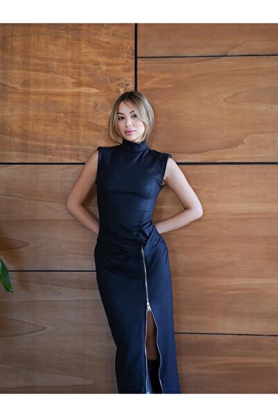 cemo Derin Yırtmaçlı Kolsuz Balıkçı Yaka Maxi Elbise