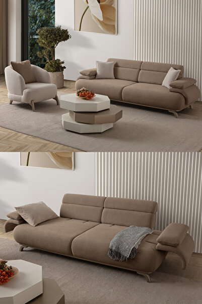 Eymense Bonjo Sırt Mekanizmalı Kasalı Koltuk Takımı 3+1 Sütlü Kahve